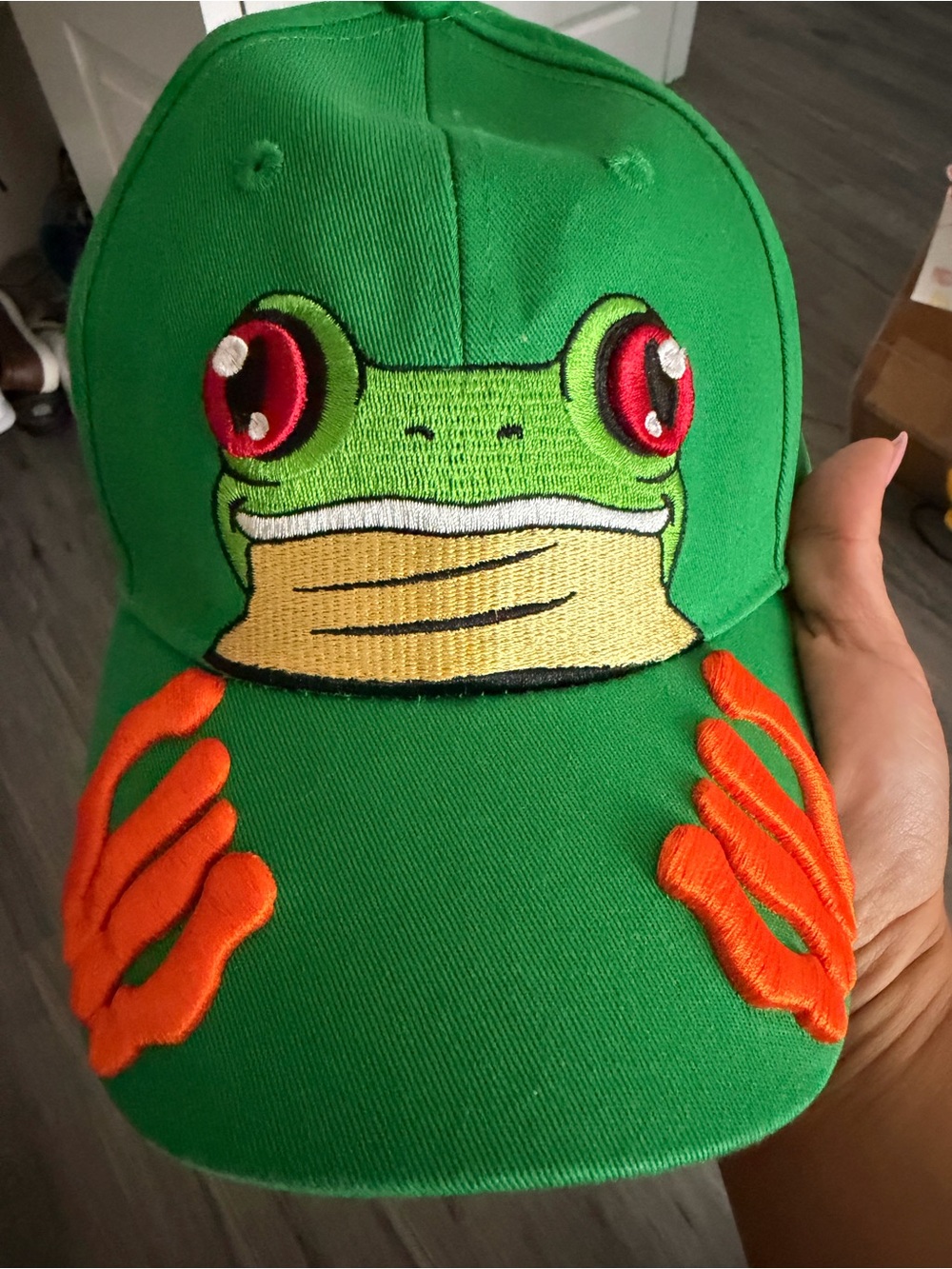 Kids Green Frog Face Baseball Cap with Orange Accents